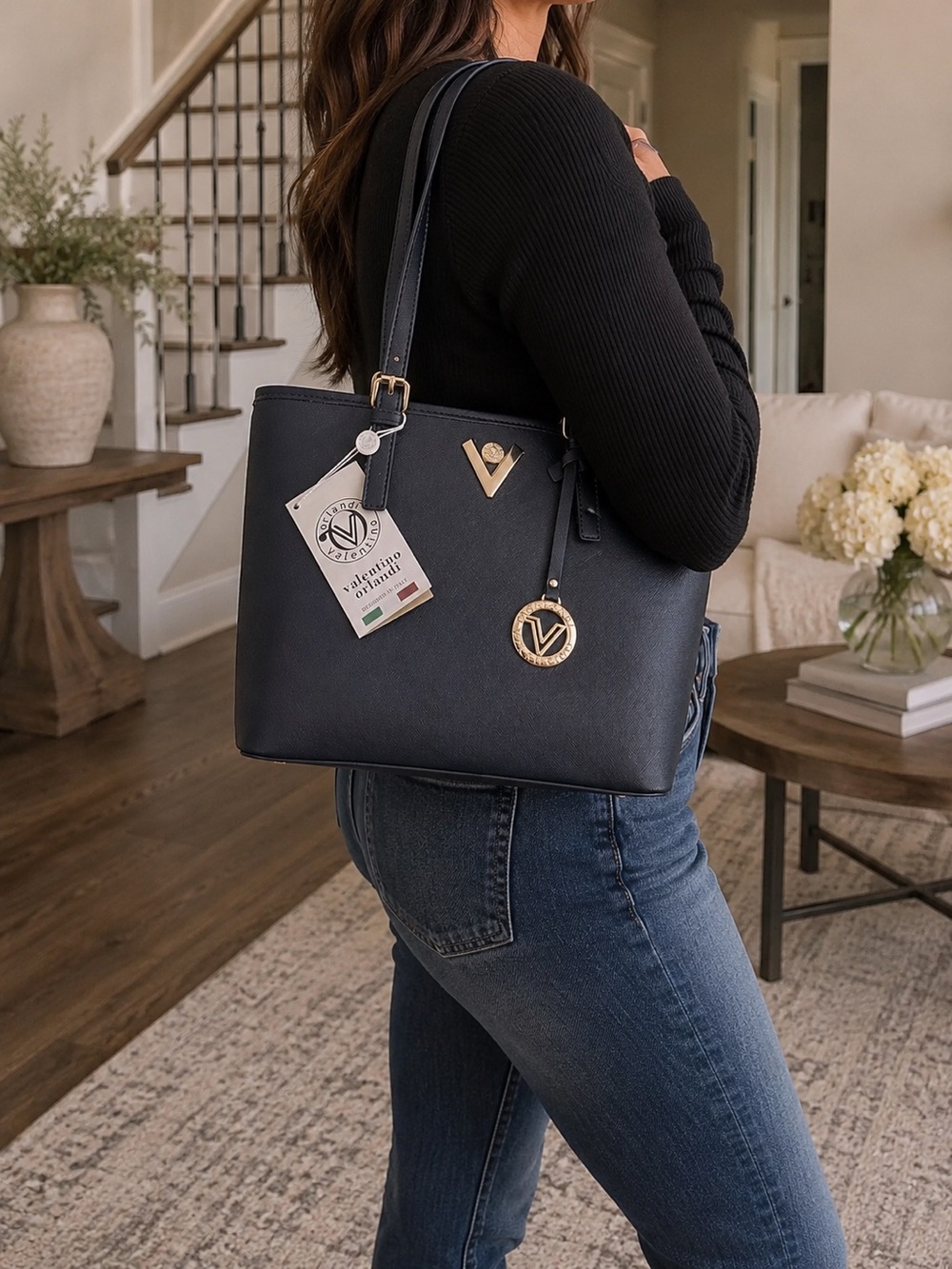 Valentino Orlando Navy Tote Bag with Gold Accents